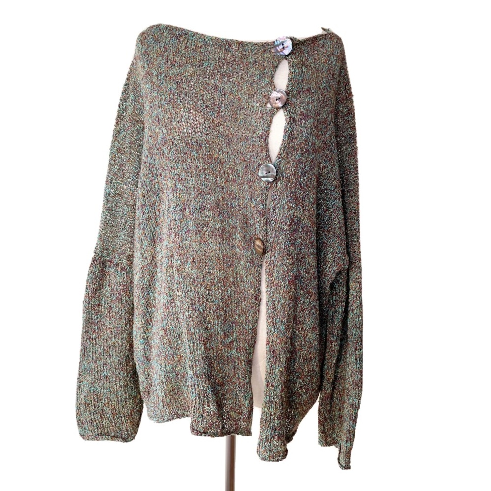 Totally Amy Brill Multicolored Open Knit Asymmetrical Button Front Cardigan OS
